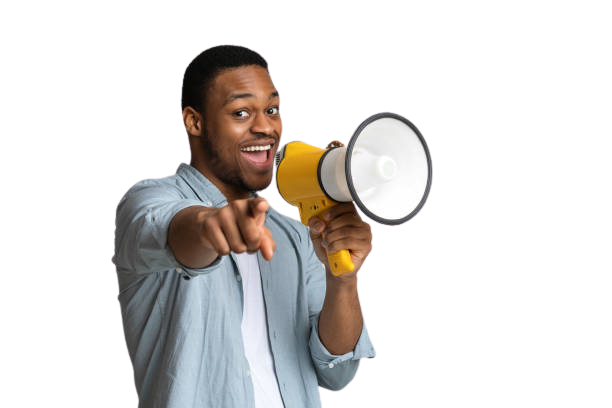 A man holding a public announcement system asking you to advertise with us